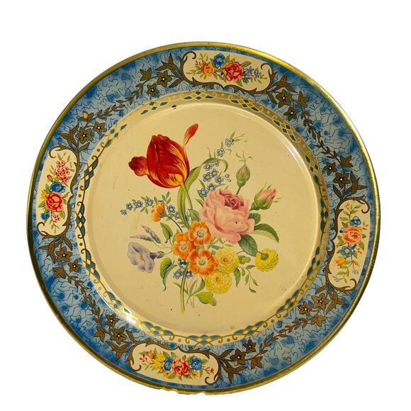 Daher Decorated Ware Tin Plate Blue Cream Floral Made In Holland 8" - Picture 1 of 7